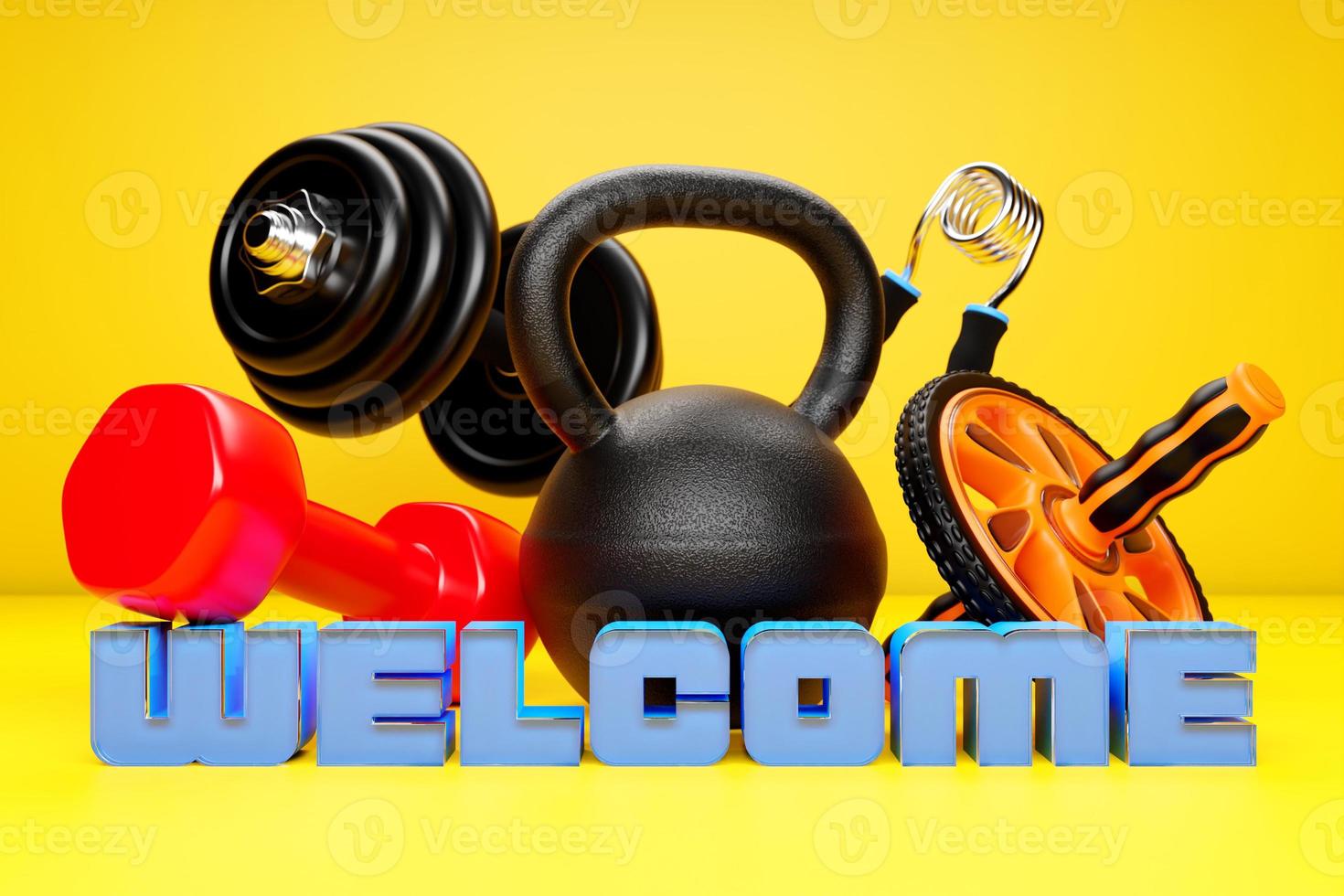 illustrazione 3d di attrezzature sportive e iscrizione benvenuto. attrezzature sportive kettlebell, manubri, fascia elastica per lo sport, rullo ginnico per la stampa. banner del negozio di giochi sportivi foto