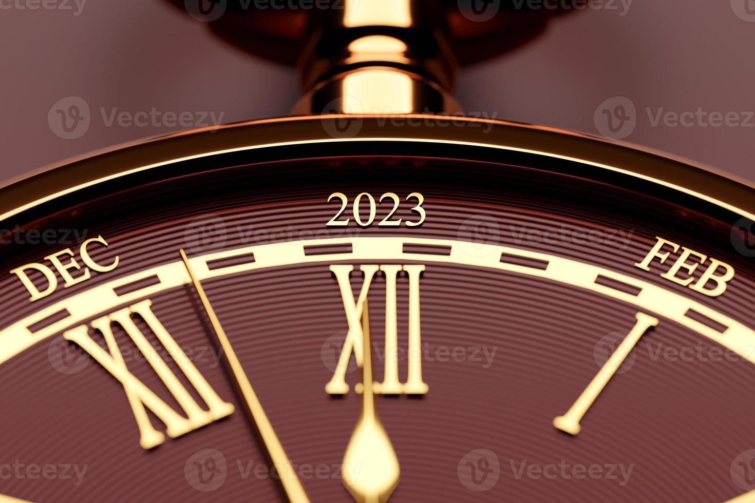 Illustrazione 3d di antico orologio rotondo nero con tagli 2023 e mesi di calendario su sfondo marrone isolato. icona del cronometro, logo. cronometro, timer vintage foto