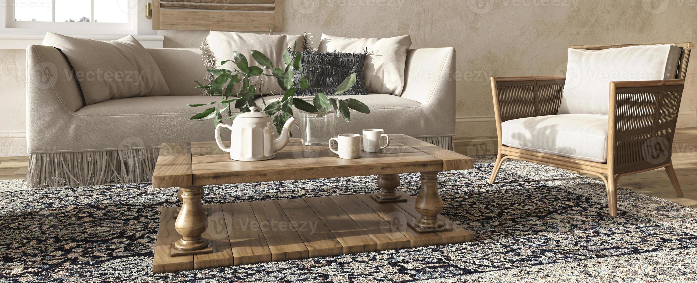 interno soggiorno beige in stile fattoria scandinava. sfondo banner web. illustrazione di rendering 3d. foto