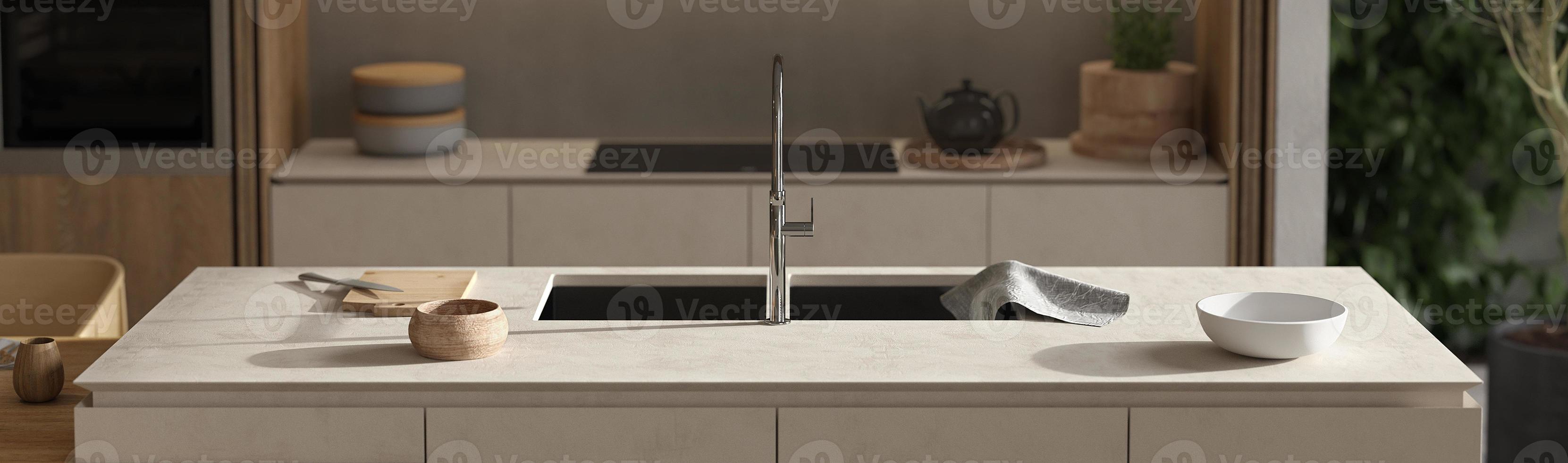 minimalismo interni moderni cucina design scandinavo. composizione decorativa con piante verdi e piatti. illustrazione di rendering 3d. foto