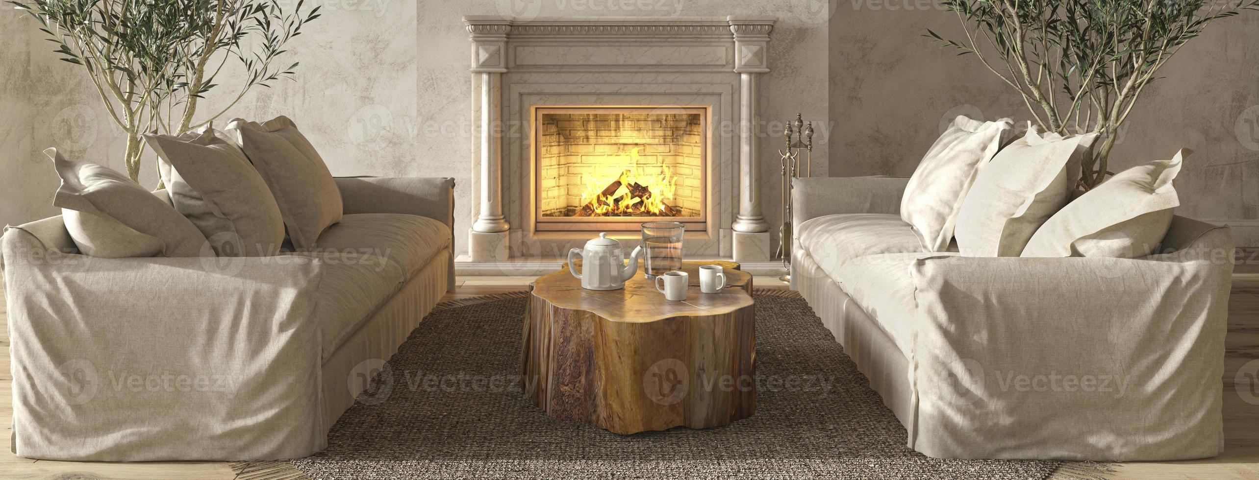 interno soggiorno beige in stile fattoria scandinava con mobili in legno naturale e camino. sfondo banner web. illustrazione di rendering 3d. foto