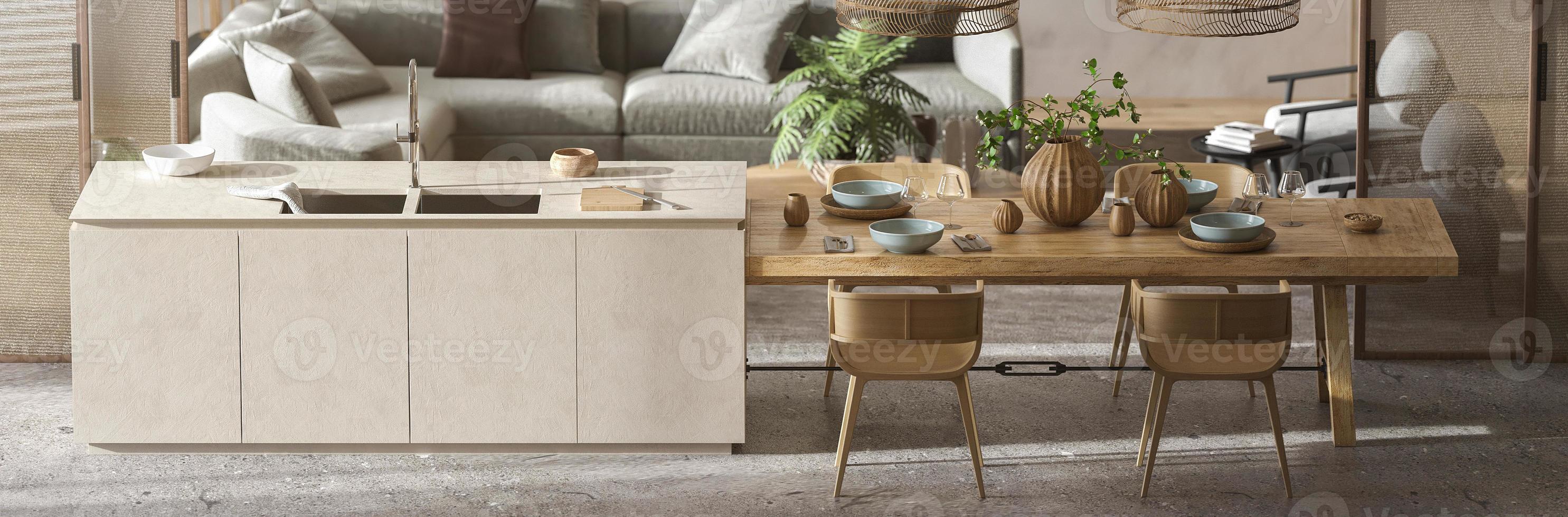 minimalismo interni moderni design scandinavo. sfondo di cucina e soggiorno. illustrazione di rendering 3d. banner web. foto