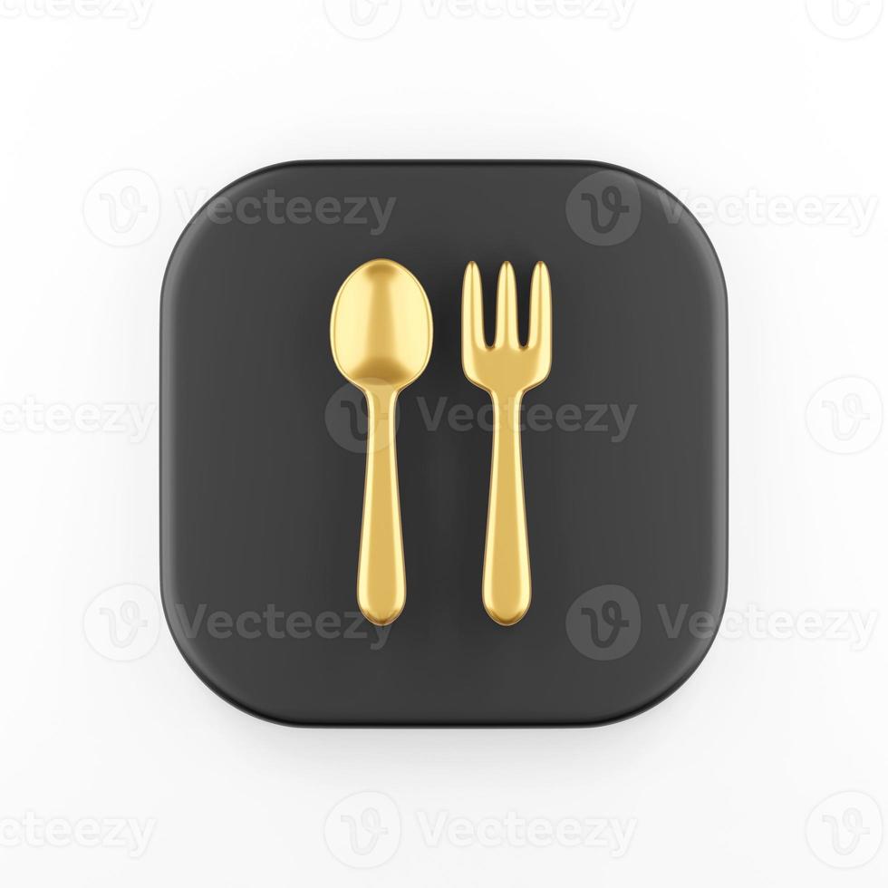 icona di cucchiaio e forchetta d'oro in stile cartone animato. Pulsante quadrato nero rendering 3d, elemento interfaccia ui ux. foto