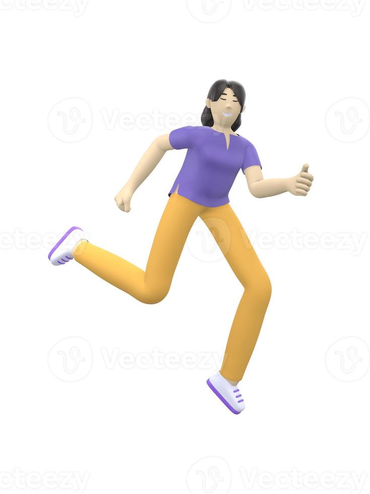 Personaggio di rendering 3D di una ragazza asiatica che salta e balla tenendo le mani in alto. persone felici dei cartoni animati, studente, uomo d'affari. l'illustrazione positiva è isolata su uno sfondo bianco. foto