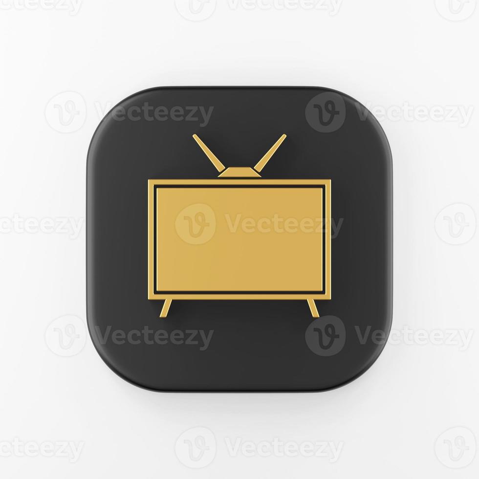 icona della tv retrò dorata in stile piatto. Pulsante chiave quadrato nero rendering 3d, elemento interfaccia ui ux. foto