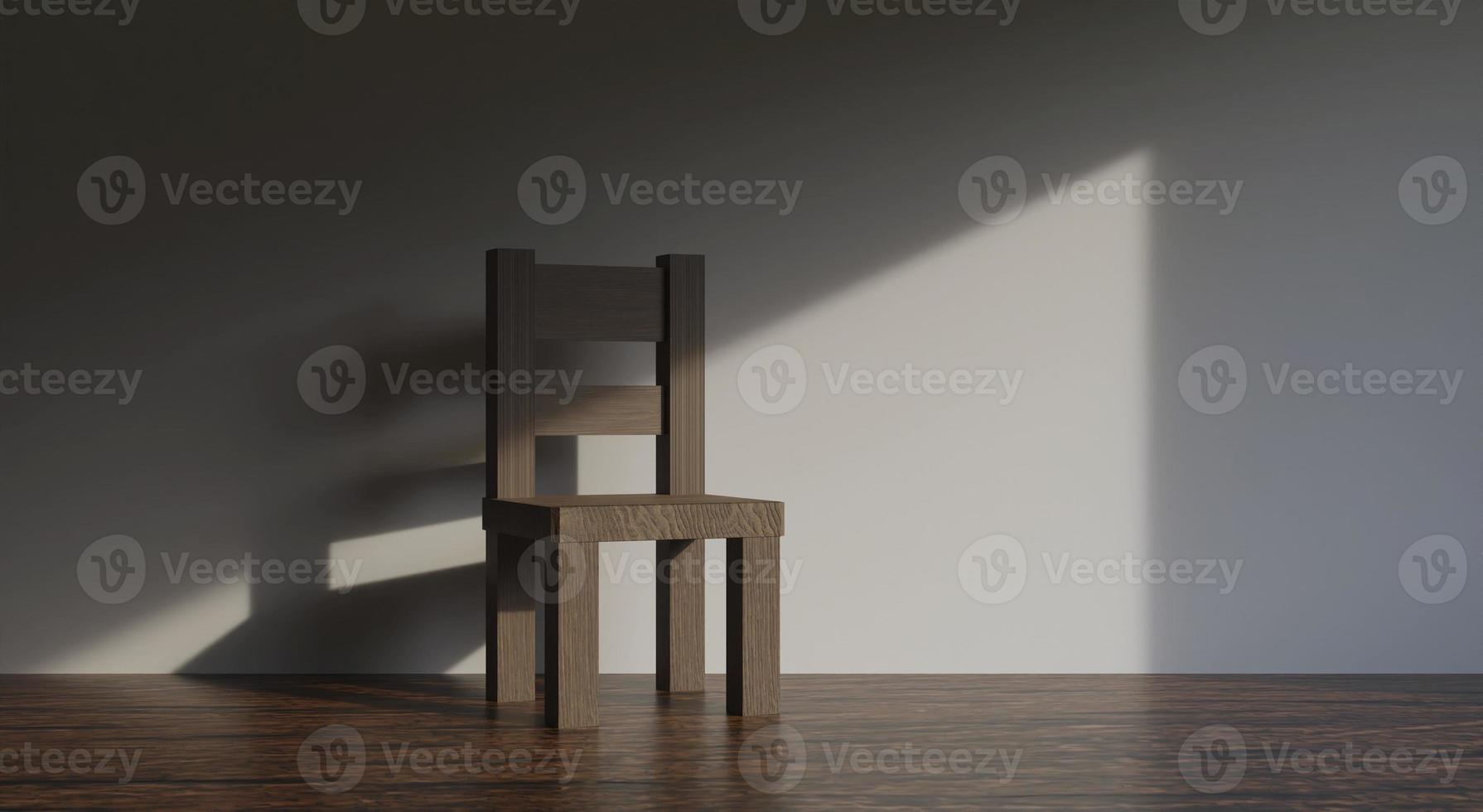 sedia nella stanza vuota e pavimenti in legno con luce solare che proietta ombre sulle pareti, viste minime del design degli interni. rendering 3d foto