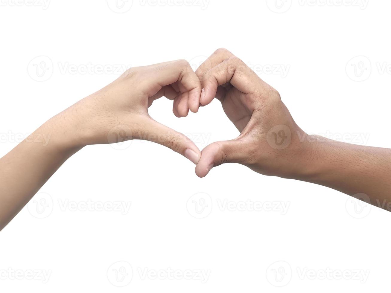 coppia che fa a forma di cuore con la mano su sfondo bianco foto