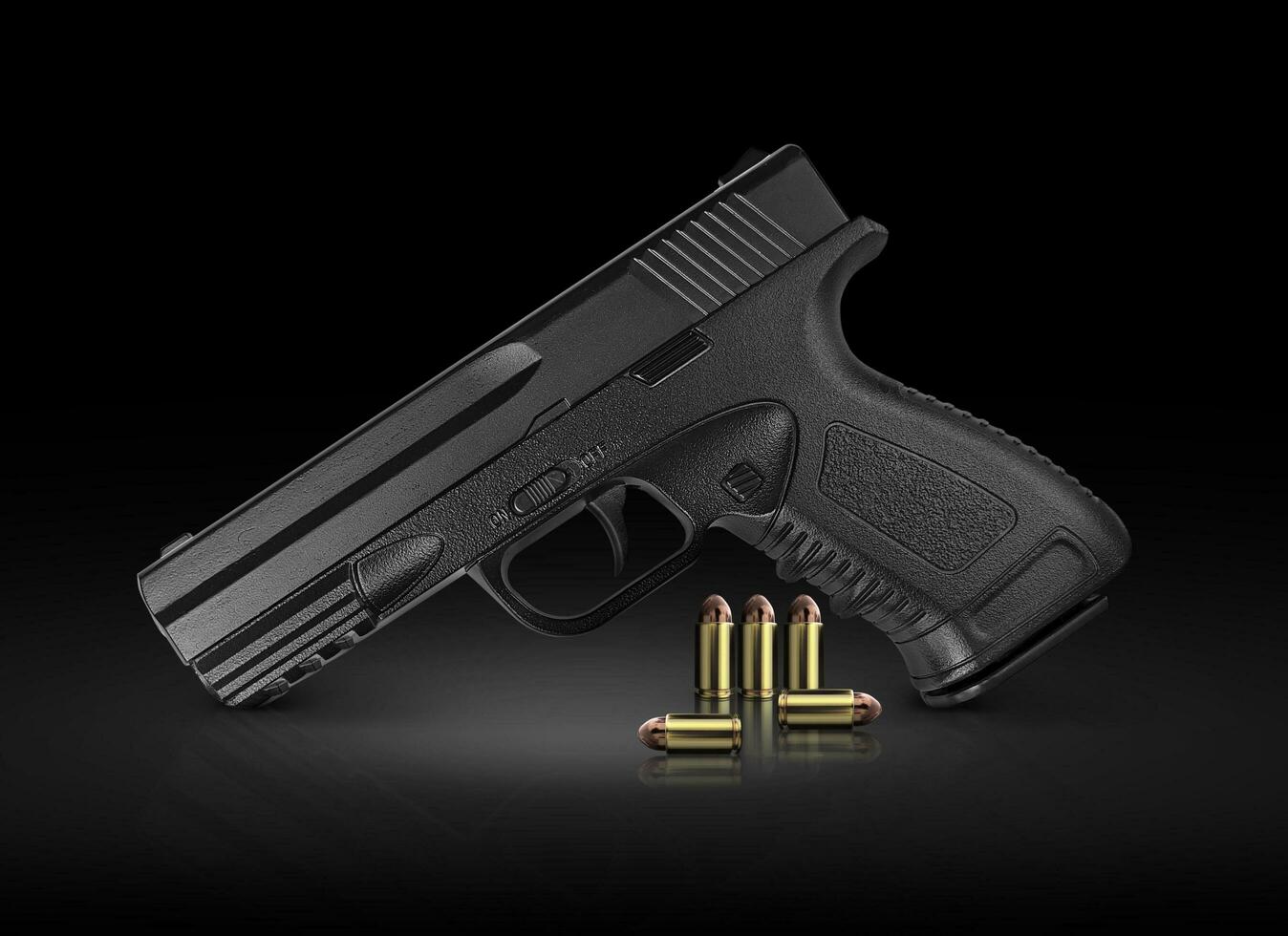 pistola metallica e proiettile su sfondo nero con riflesso. rendering 3d foto
