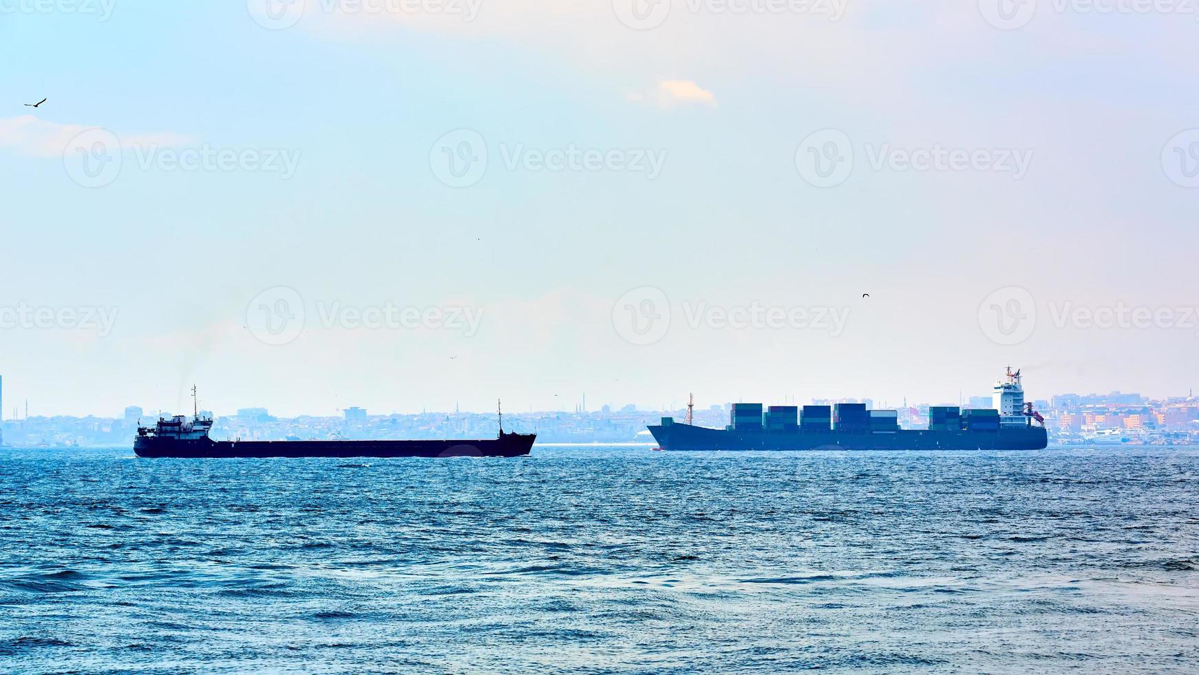 nave portacontainer e petroliera a pieno carico che si muovono attraverso il Bosforo. foto