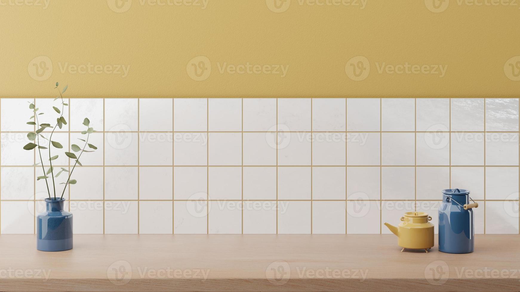sfondo mockup contatore minimo in stile giapponese con bancone in legno luminoso e parete gialla piastrellata bianca. interno della cucina. foto