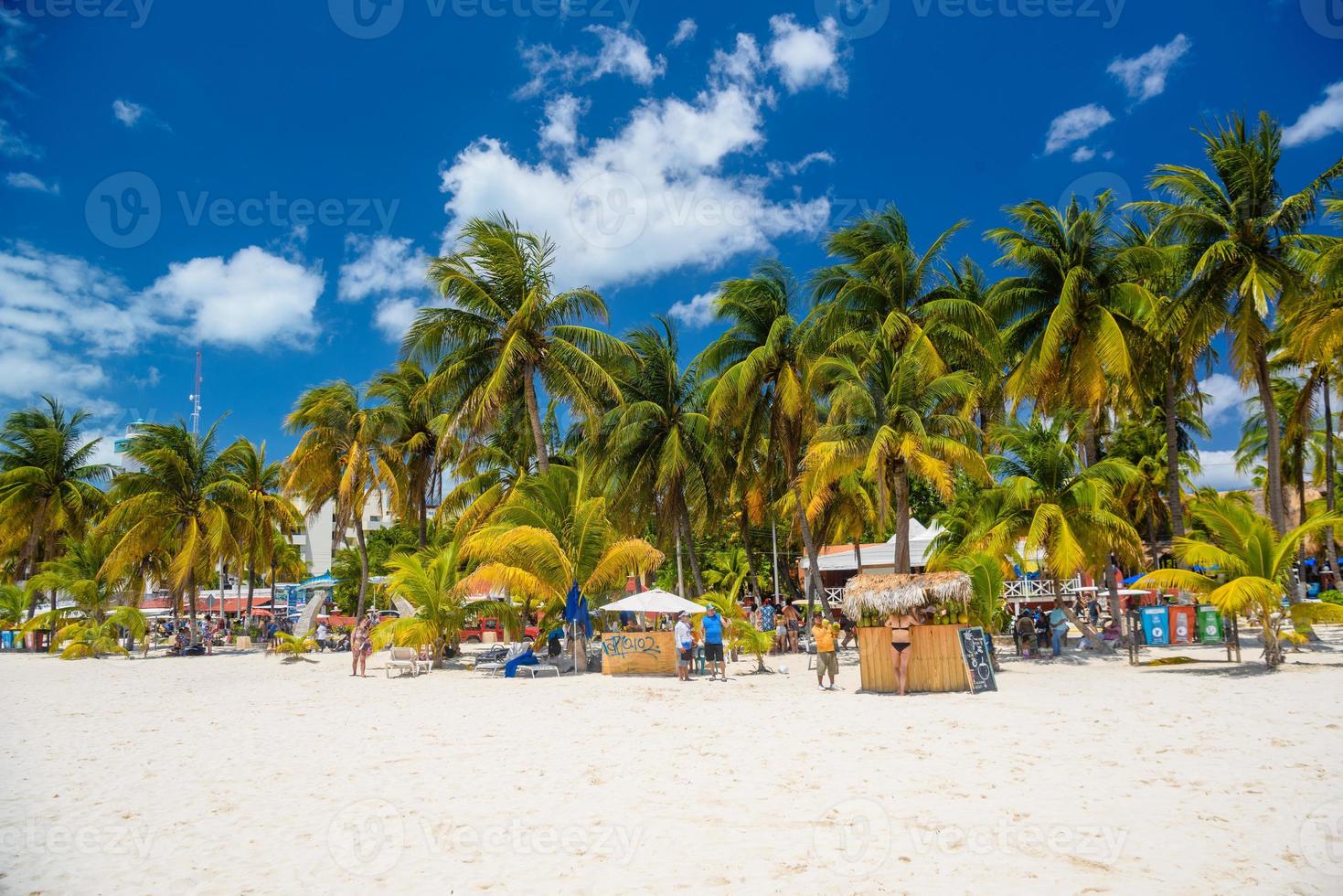 Cocos Beach bar su una spiaggia con sabbia bianca e palme in una giornata di sole, isola di Isla Mujeres, Mar dei Caraibi, Cancun, Yucatan, Messico foto