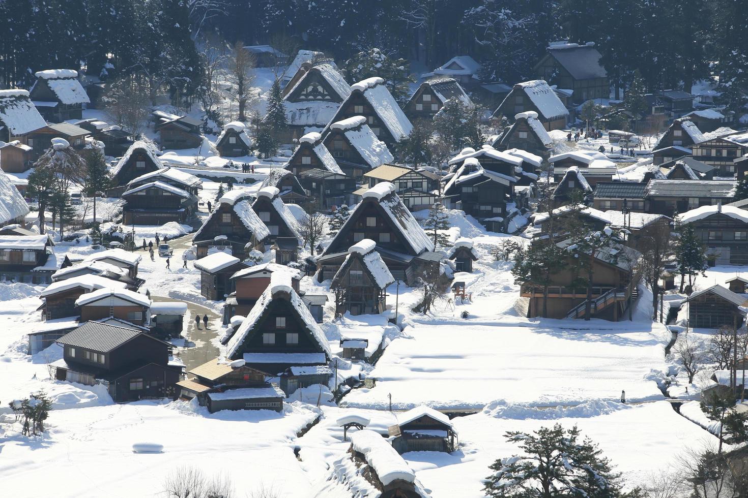 punto di vista al villaggio di gassho-zukuri, shirakawago, giappone foto