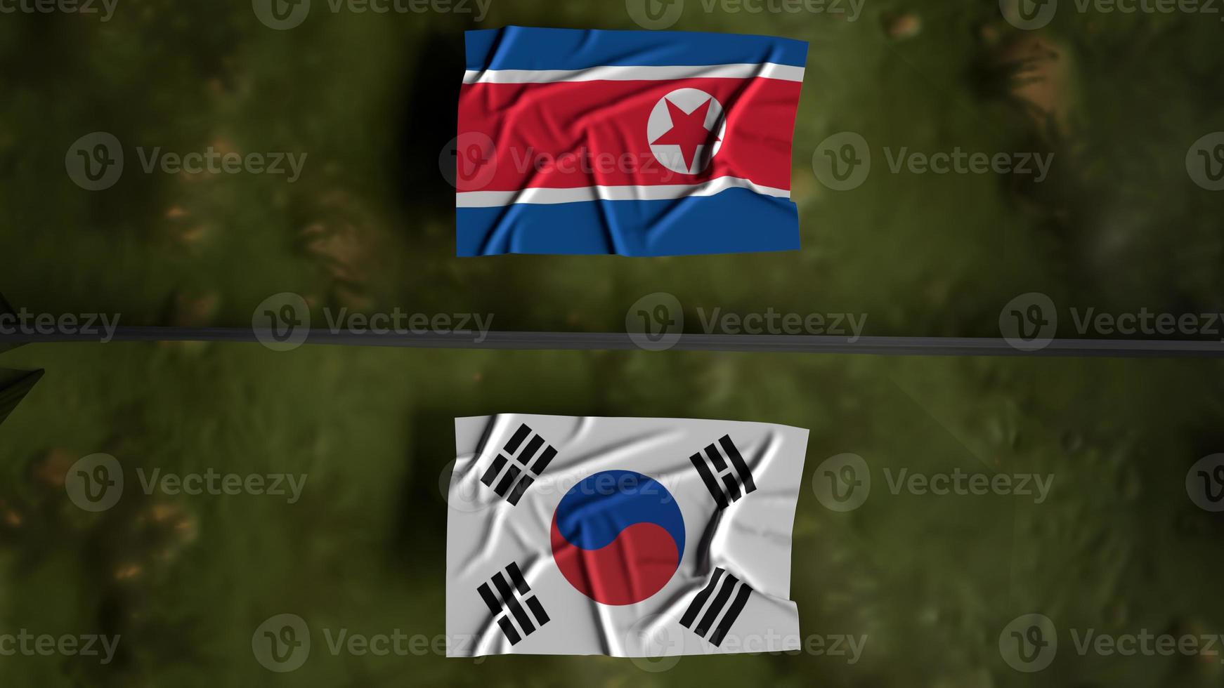 bandiere della corea del nord e della corea del sud sulla mappa rendering 3d per il contenuto del confine. foto