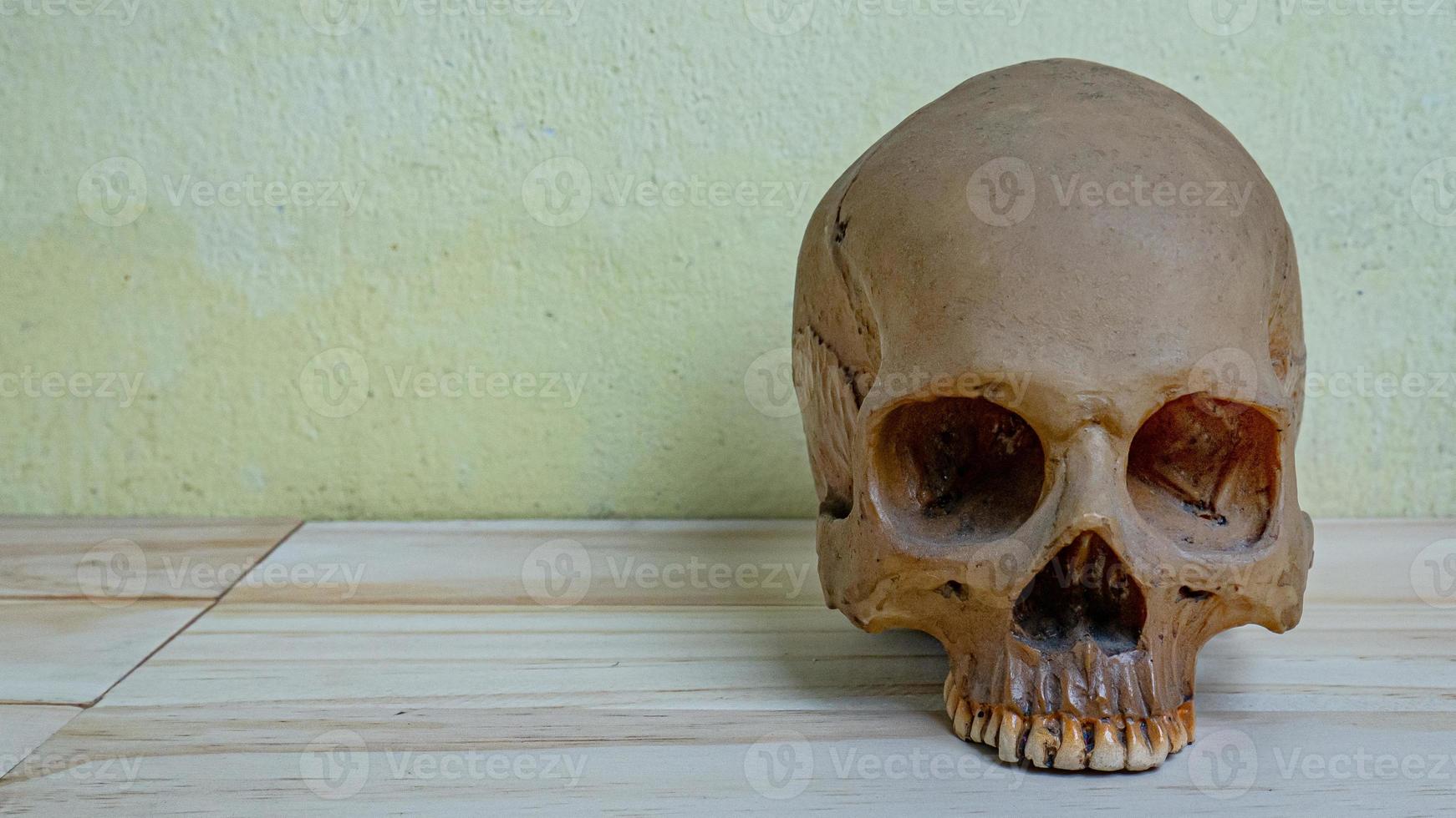 teschio umano su tavola di legno per contenuto scientifico o medico. foto