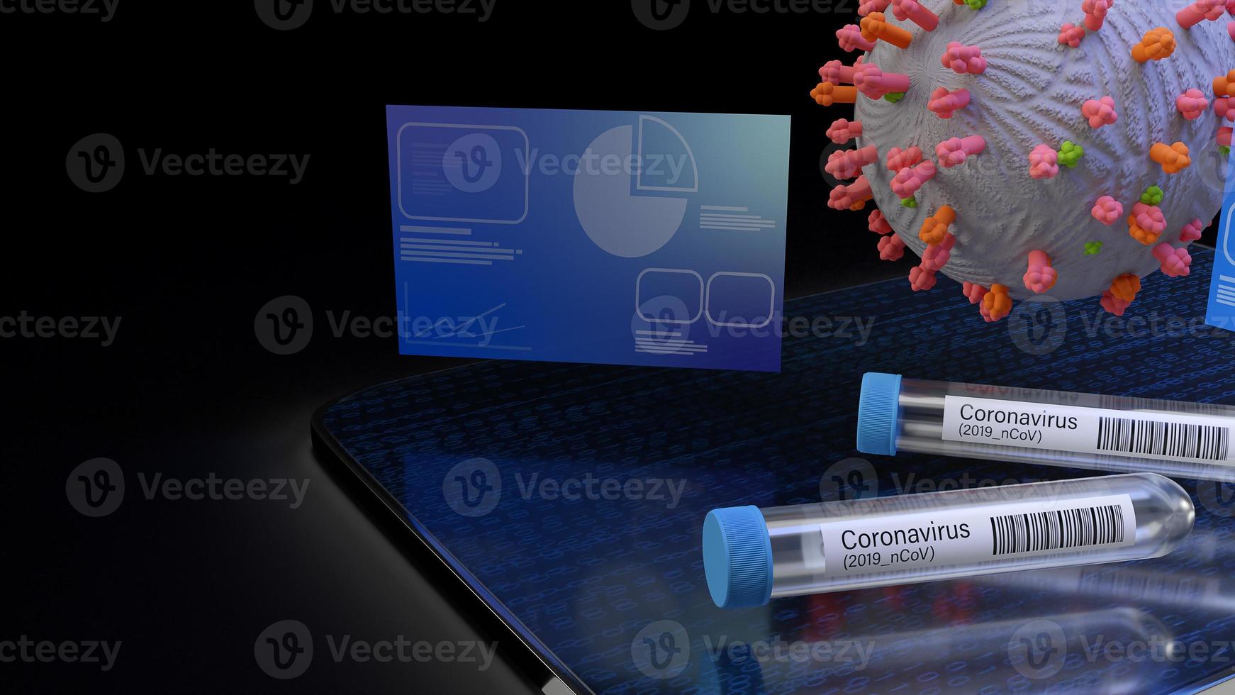 virus corona e tubo scientifico su tablet Rendering 3d per contenuti medici. foto