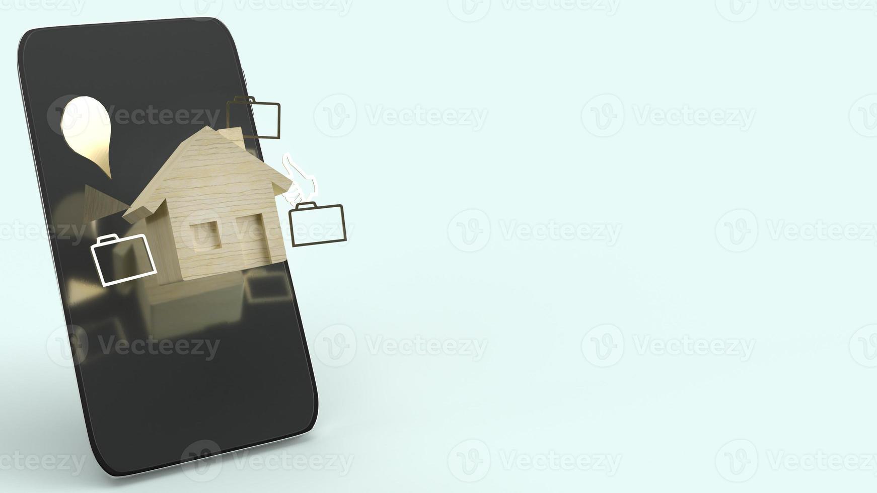 il giocattolo di legno domestico e il rendering 3d dello smartphone per i contenuti tecnologici. foto