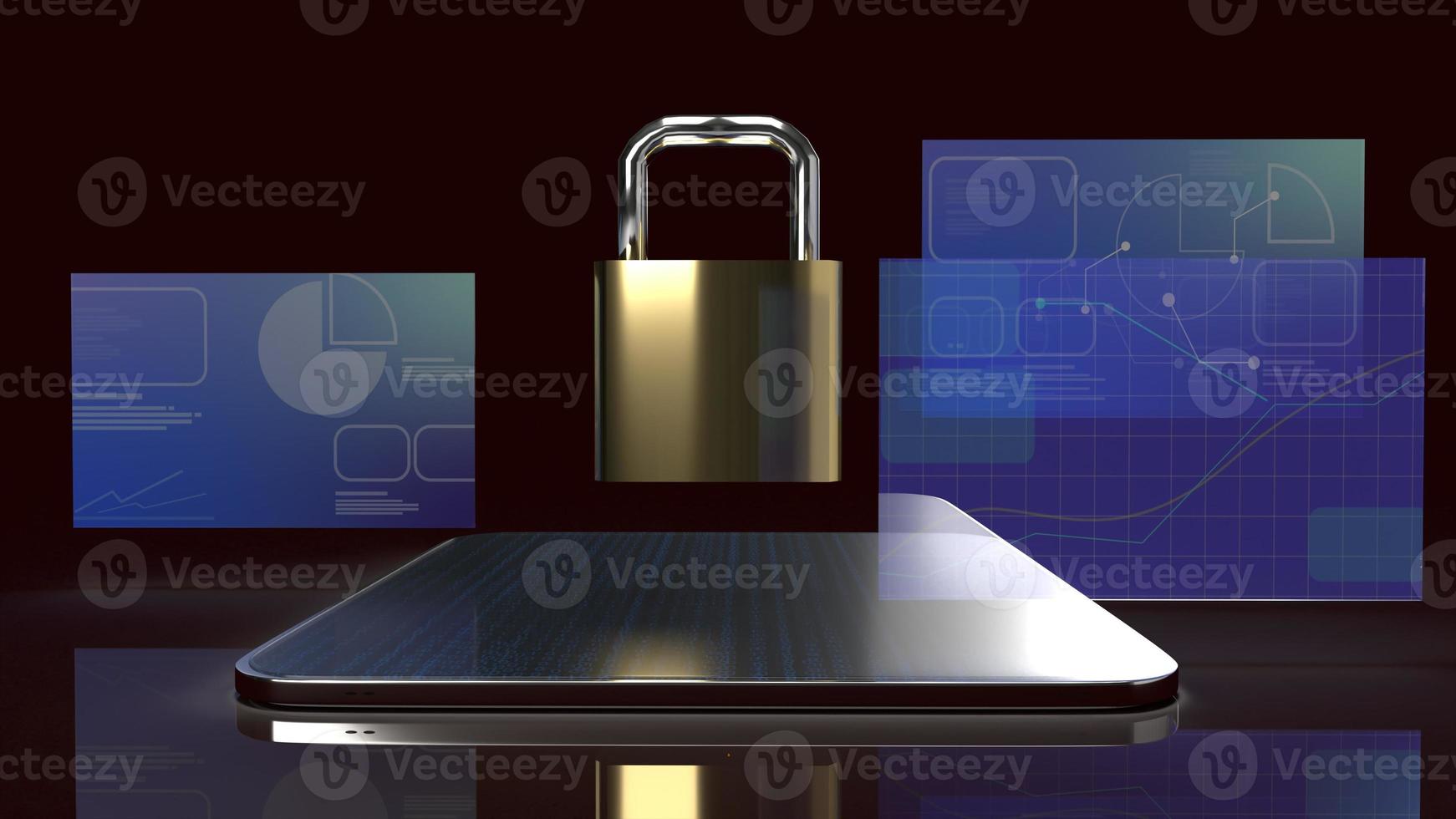 il tablet e il rendering 3d della chiave master per i contenuti di sicurezza mobile. foto