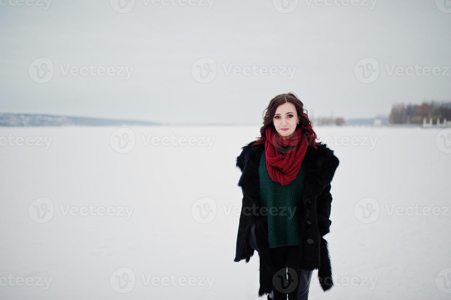 ragazza bruna in maglione verde e sciarpa rossa all'aperto lago ghiacciato il giorno d'inverno serale. foto