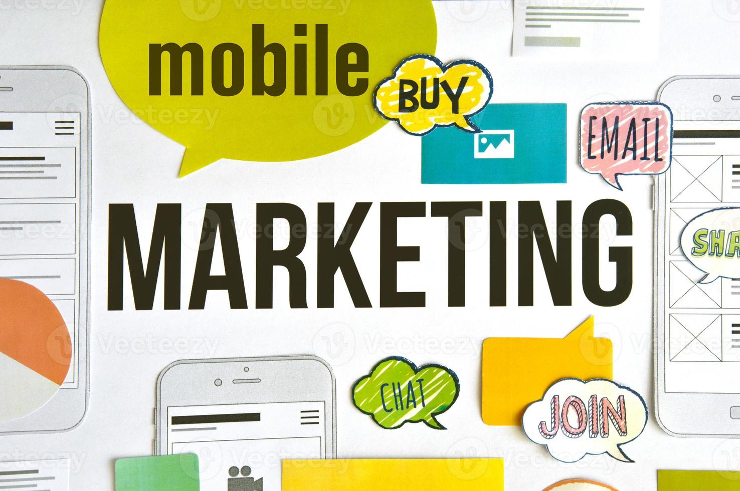 progettazione del concetto di marketing mobile. concetto per sito Web e banner mobile, social media marketing, pubblicità su Internet, networking, m-commerce, modello di presentazione, marketing, servizi mobili. foto