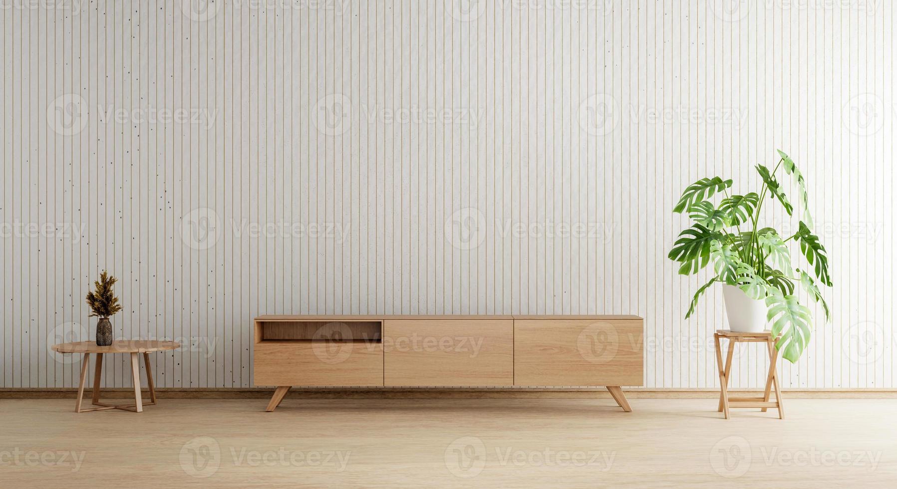 mobile tv con parete vuota in legno portavaso e tavolo sullo sfondo. concetto di interni e architettura. rendering di illustrazioni 3d foto