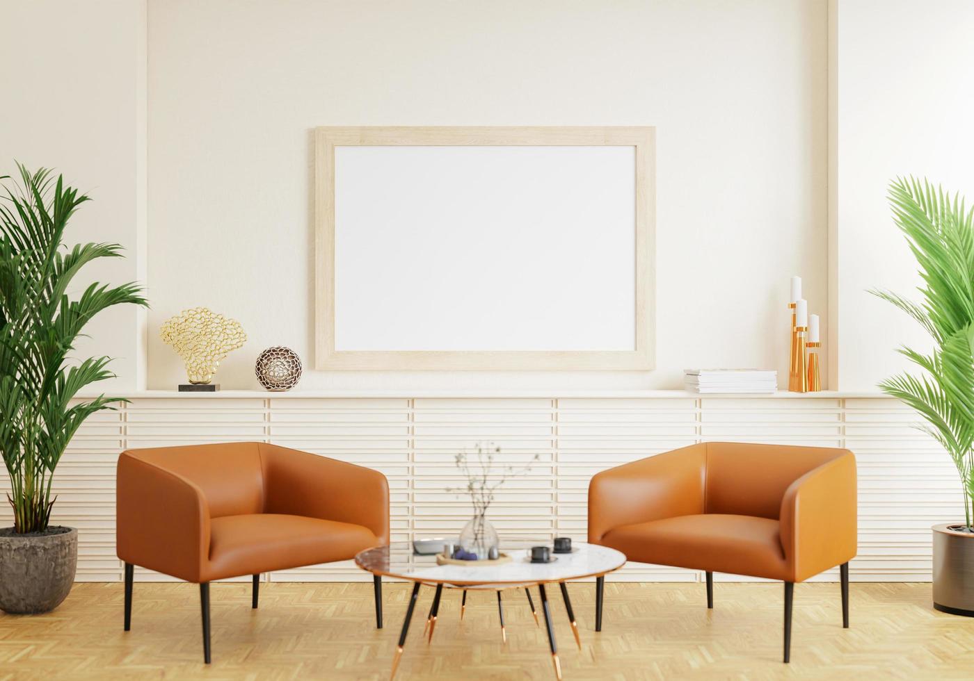 poster in stile interno minimale mock up il muro del soggiorno. .copia spazio. rendering 3D. foto
