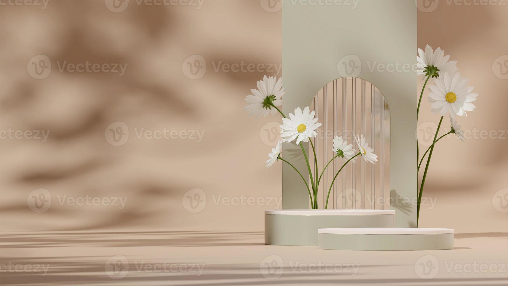 modello di rendering 3d podio bianco nel paesaggio con vetro sfocato, margherita bianca e sfondo marrone chiaro foto