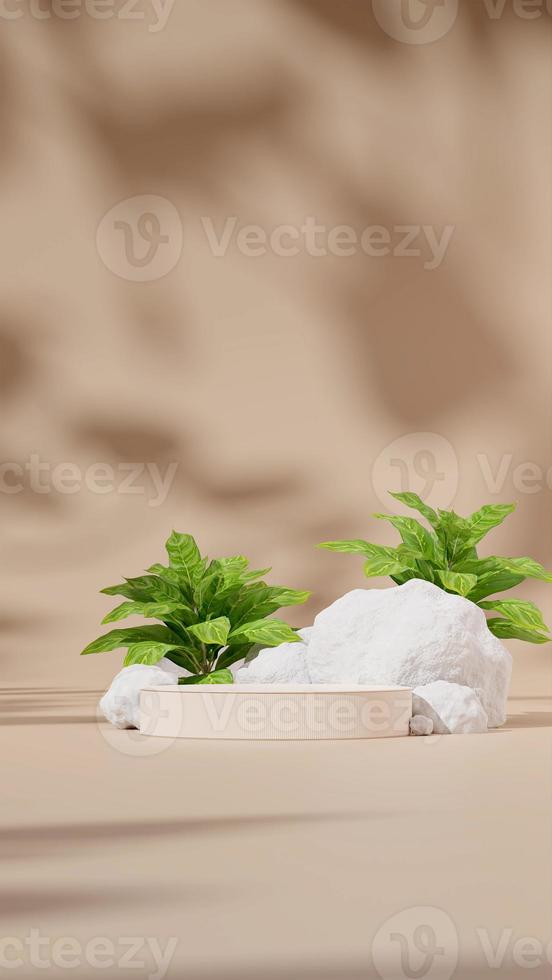 Modello di rendering 3d del podio bianco in verticale con rocce bianche e evergreen cinese foto