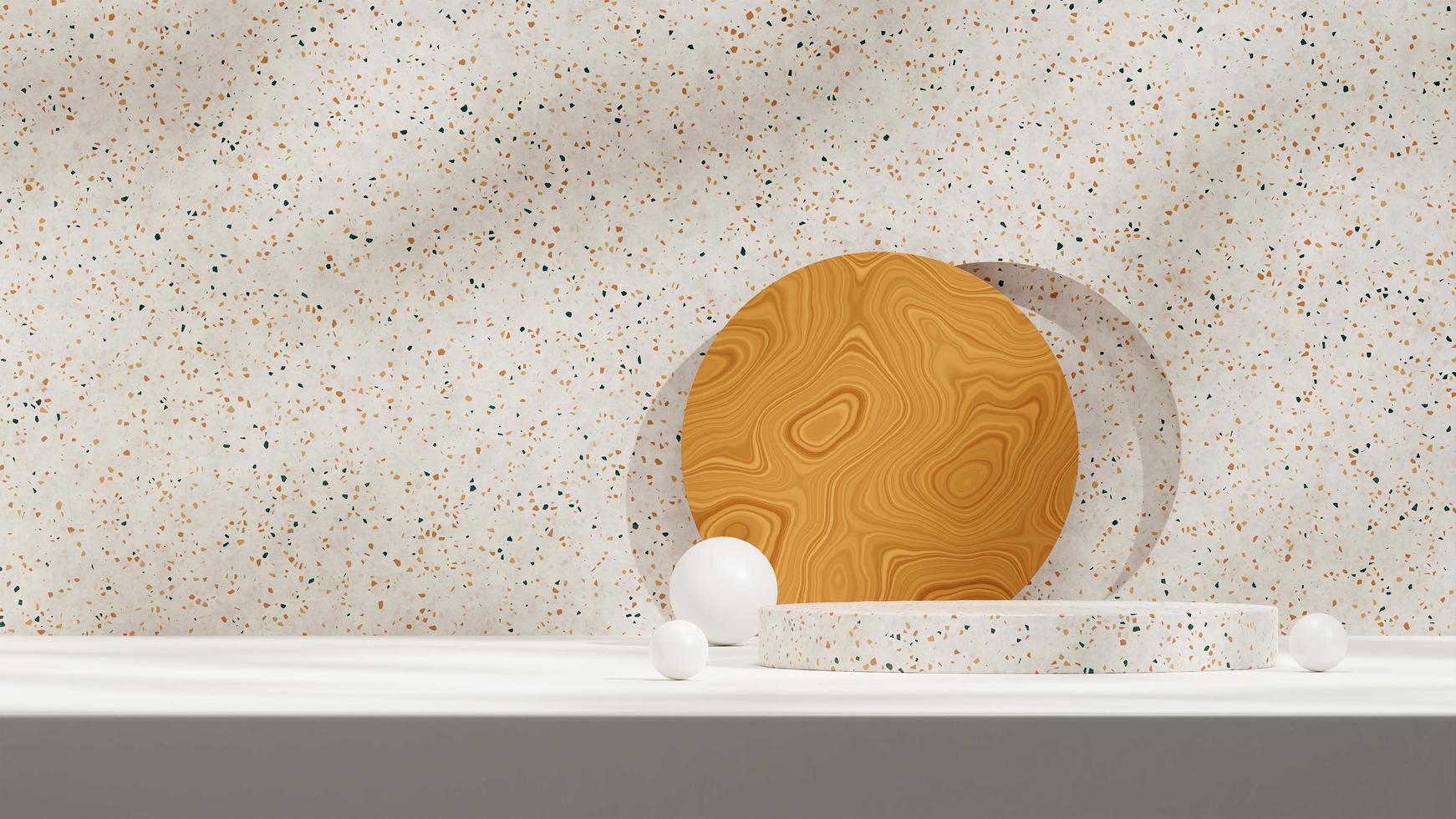 Immagine di rendering 3d podio texture terrazzo e fondale in legno nel prodotto modello modello paesaggio foto