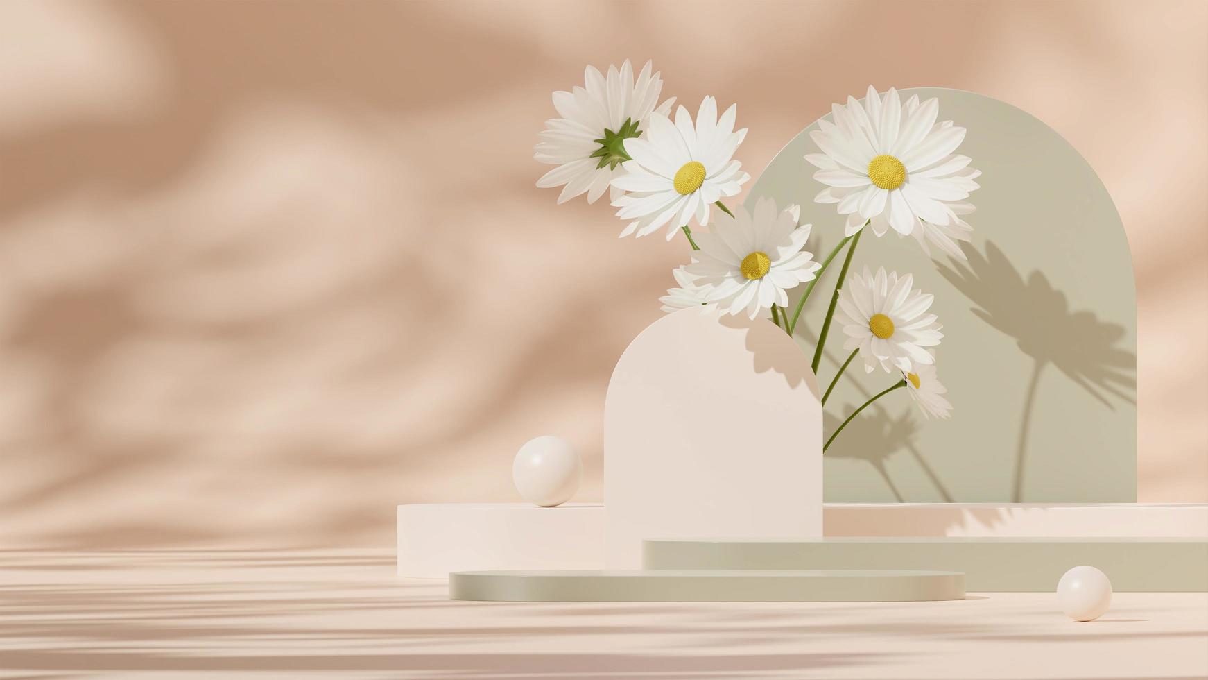 modello di mockup di rendering 3d podio verde bianco nel paesaggio con sfera e fiore a margherita foto