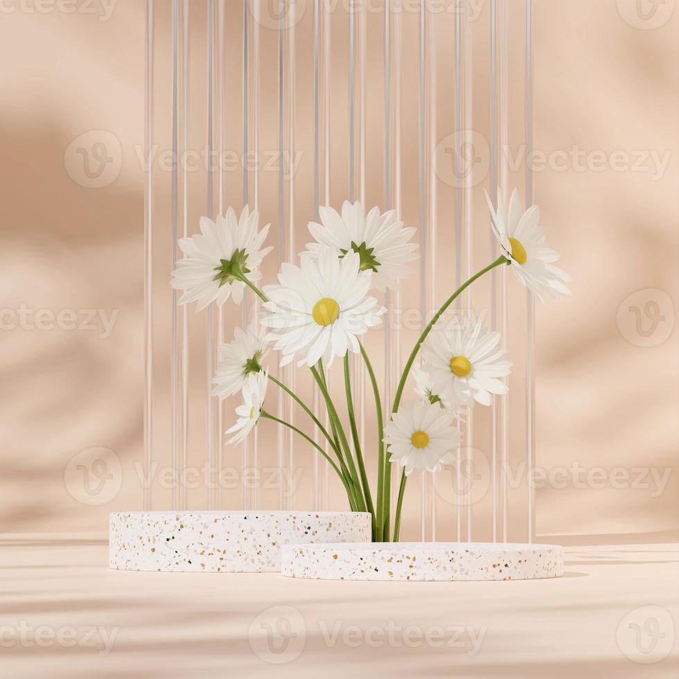 Modello di rendering 3d del mockup del podio in terrazzo in piazza con fiore a margherita e vetro sfocato foto