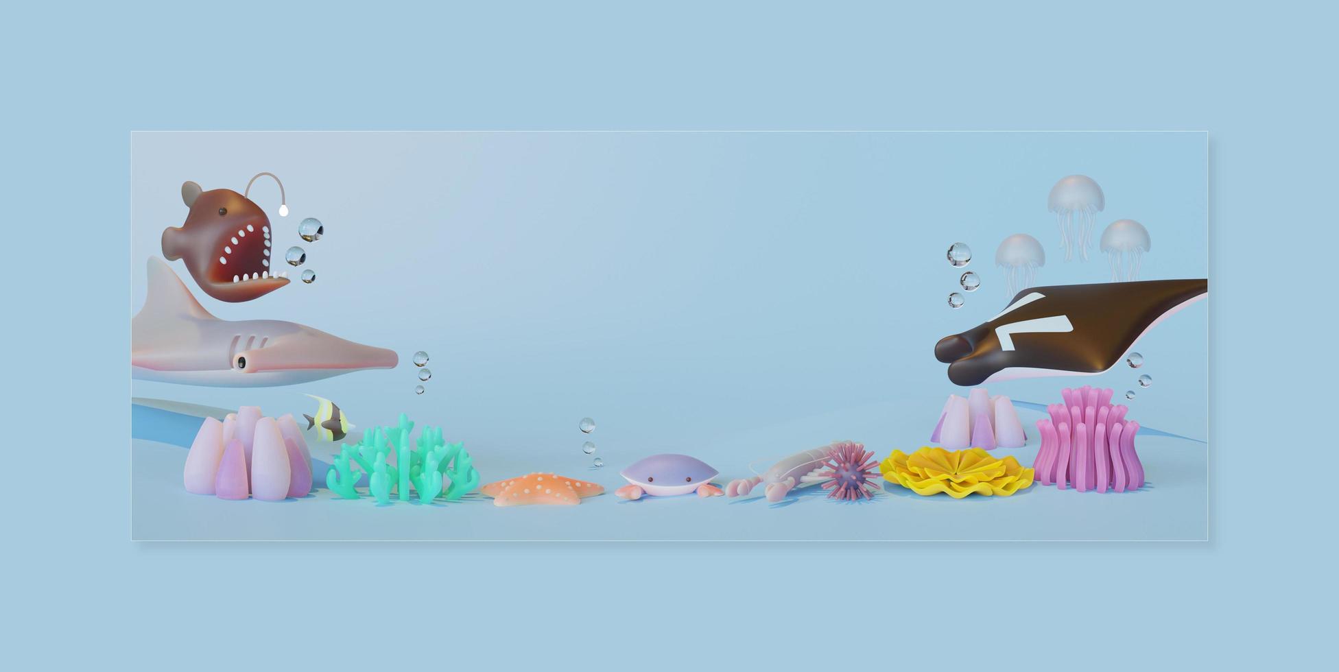 lo spazio della copia della giornata mondiale dell'oceano con la composizione degli animali marini 3d rende l'illustrazione foto