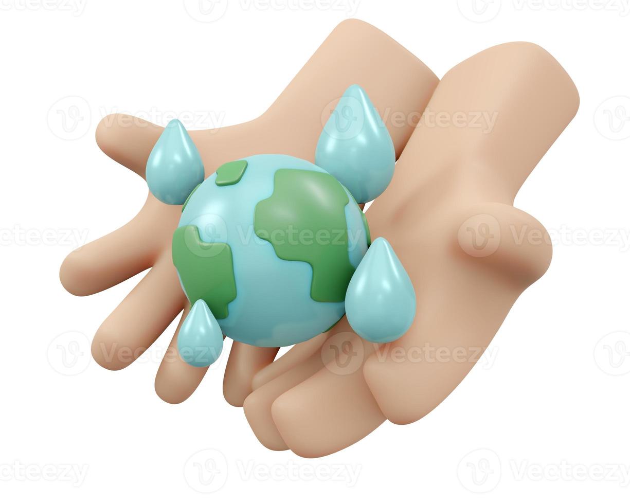 Rendering 3d della mano che tiene l'icona della terra con goccia d'acqua isolata su sfondo bianco Concetto di giornata mondiale dell'acqua. 3d rendering illustrazione in stile cartone animato. foto