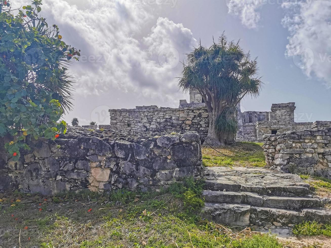 antiche rovine di tulum sito maya tempio piramidi manufatti vista sul mare messico. foto