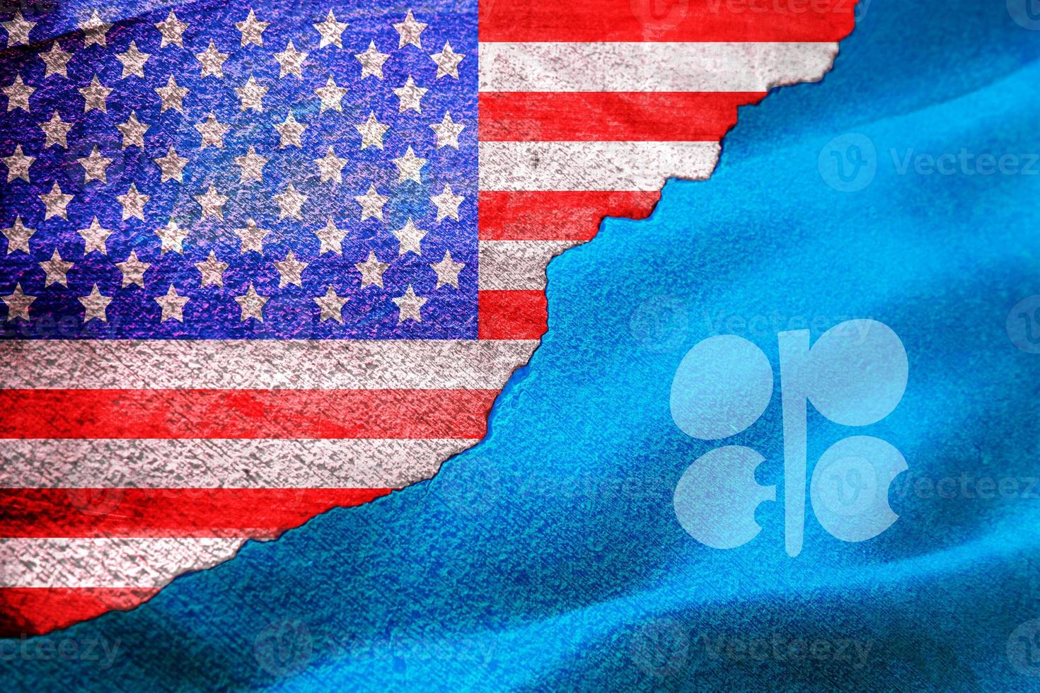 opec contro gli Stati Uniti, la crisi delle relazioni degli Stati Uniti d'America con l'Opec, rendering 3d di bandiera sullo sfondo del conflitto per questioni relative al commercio di petrolio, gli Stati Uniti e l'Opec hanno entrambi dominato il mercato globale del petrolio e del gas di scisto foto