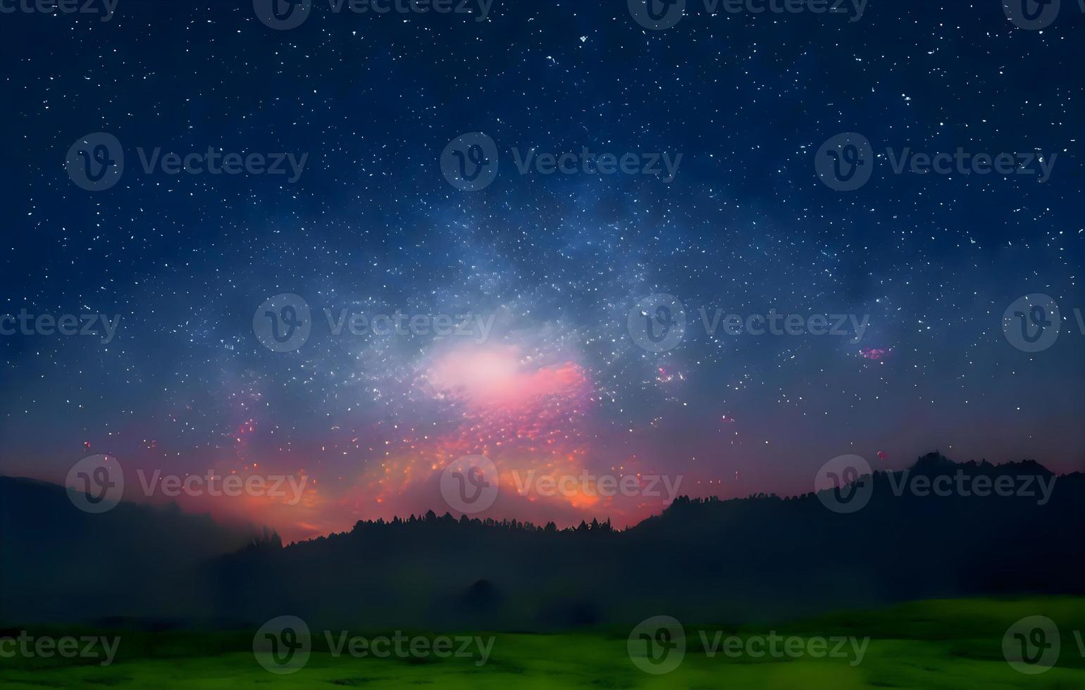 paesaggio notturno con colorata Via Lattea e montagne. cielo stellato con colline in estate. bellissimo universo. sfondo dello spazio foto