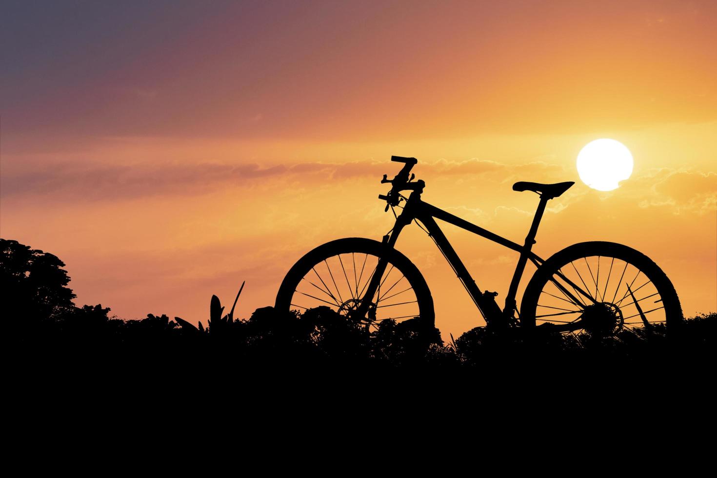 silhouette di mountain bike in una bellissima vista. concetto di ciclismo e avventura foto