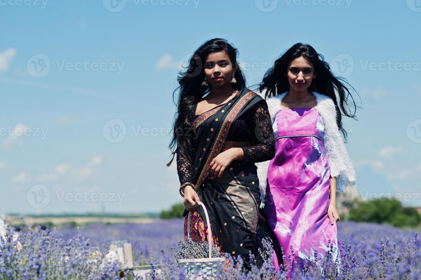 due belle ragazze indiane indossano abiti tradizionali indiani saree in un campo di lavanda viola. foto