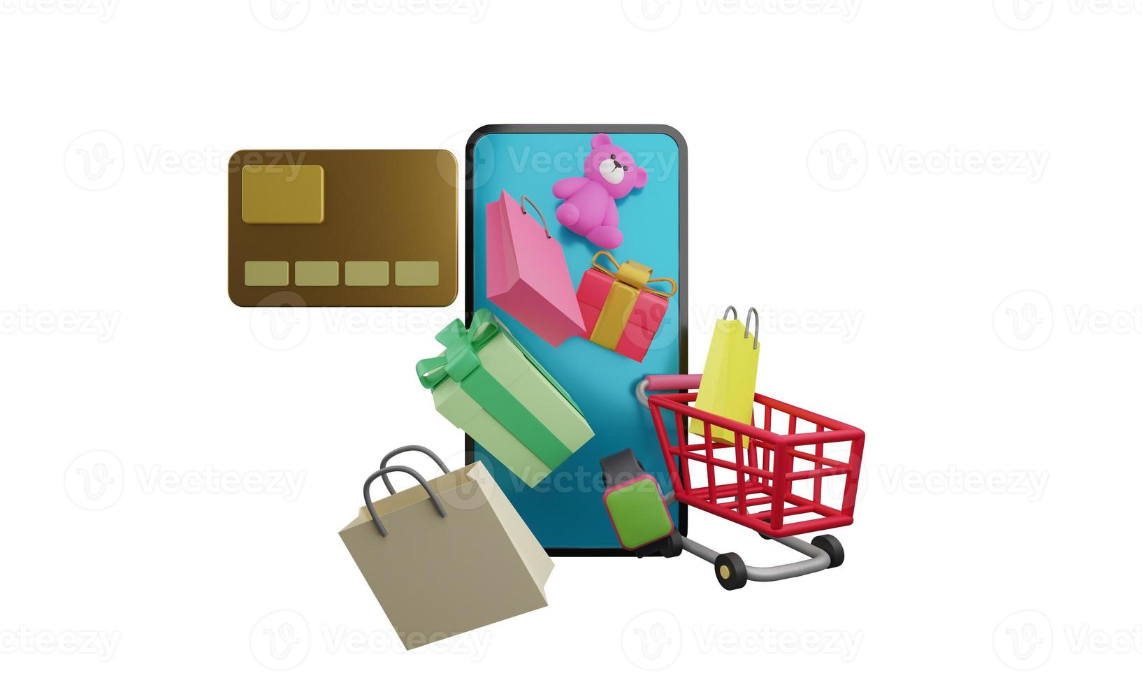 acquisti online sul concetto di applicazione mobile marketing e digitale. rendering 3d foto