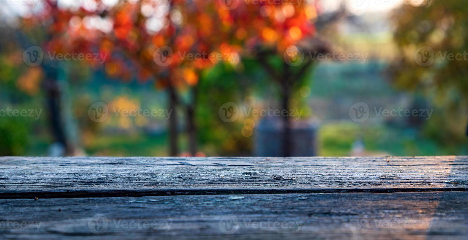 di legno tavolo, tavolo, sfocato autunno sfondo, vuoto di legno ripiano, contatore, scrivania. prospettiva legna tavolo foto