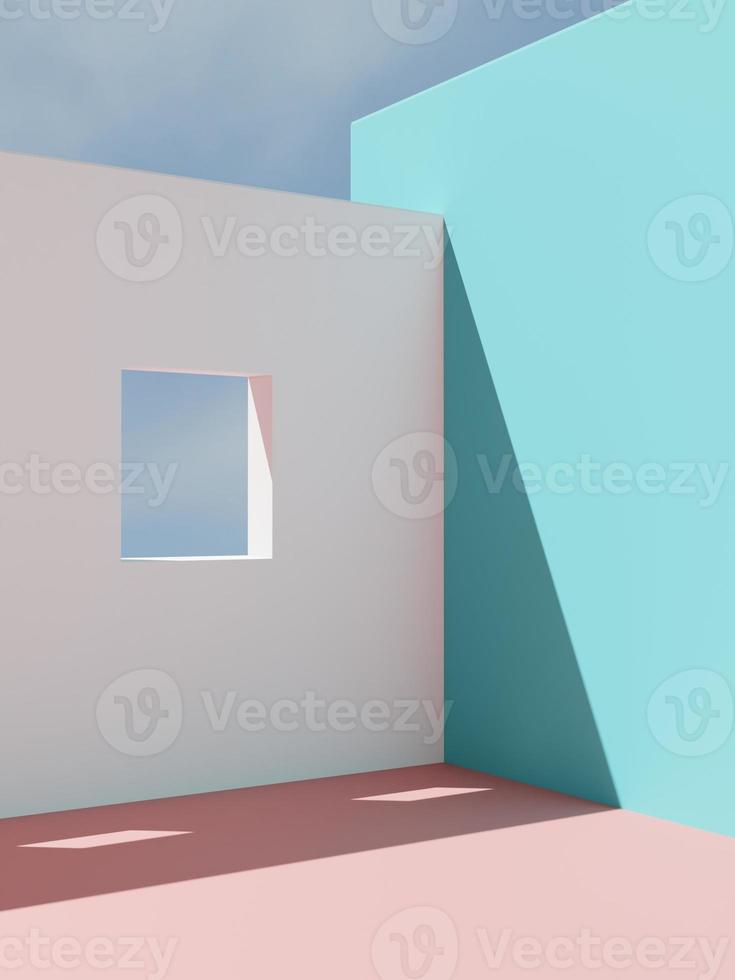 3d interpretazione minimo architettonico Prodotto Schermo sfondo con alto contrasto e vivace colori. mediterraneo turchese, rosa e bianca pavimento e parete con finestra. cielo sfondo. foto