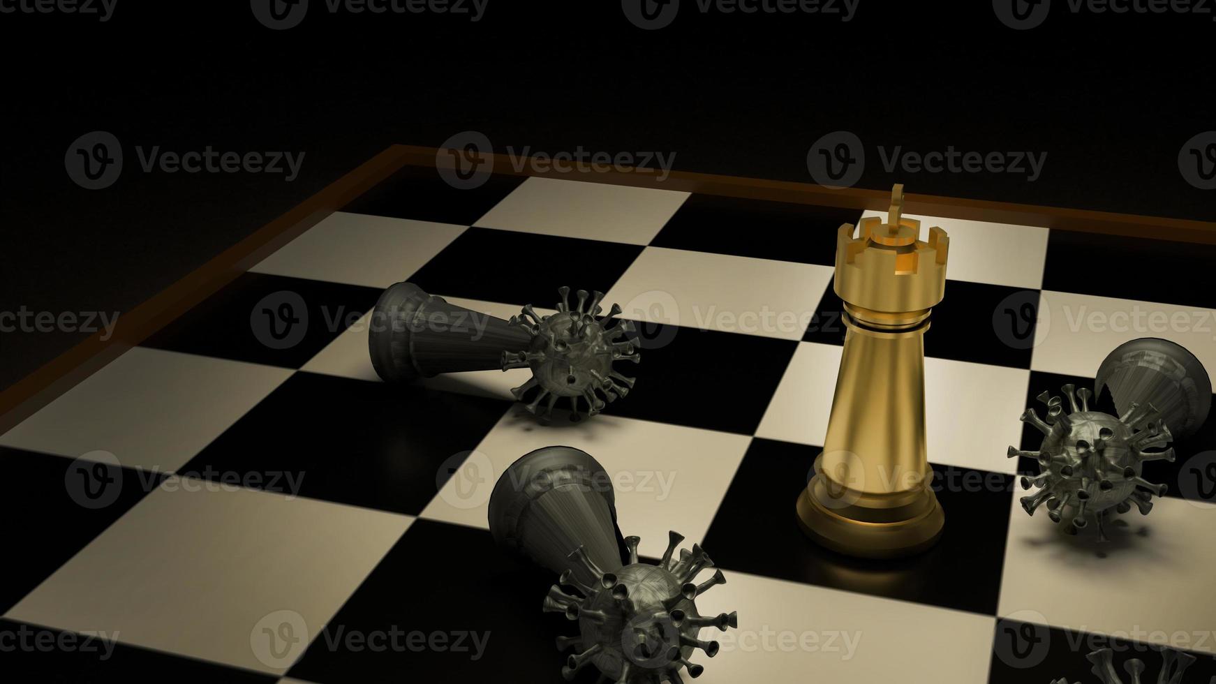 gli scacchi d'oro e il virus sui giochi da tavolo rendering 3d per il concetto di strategia. foto