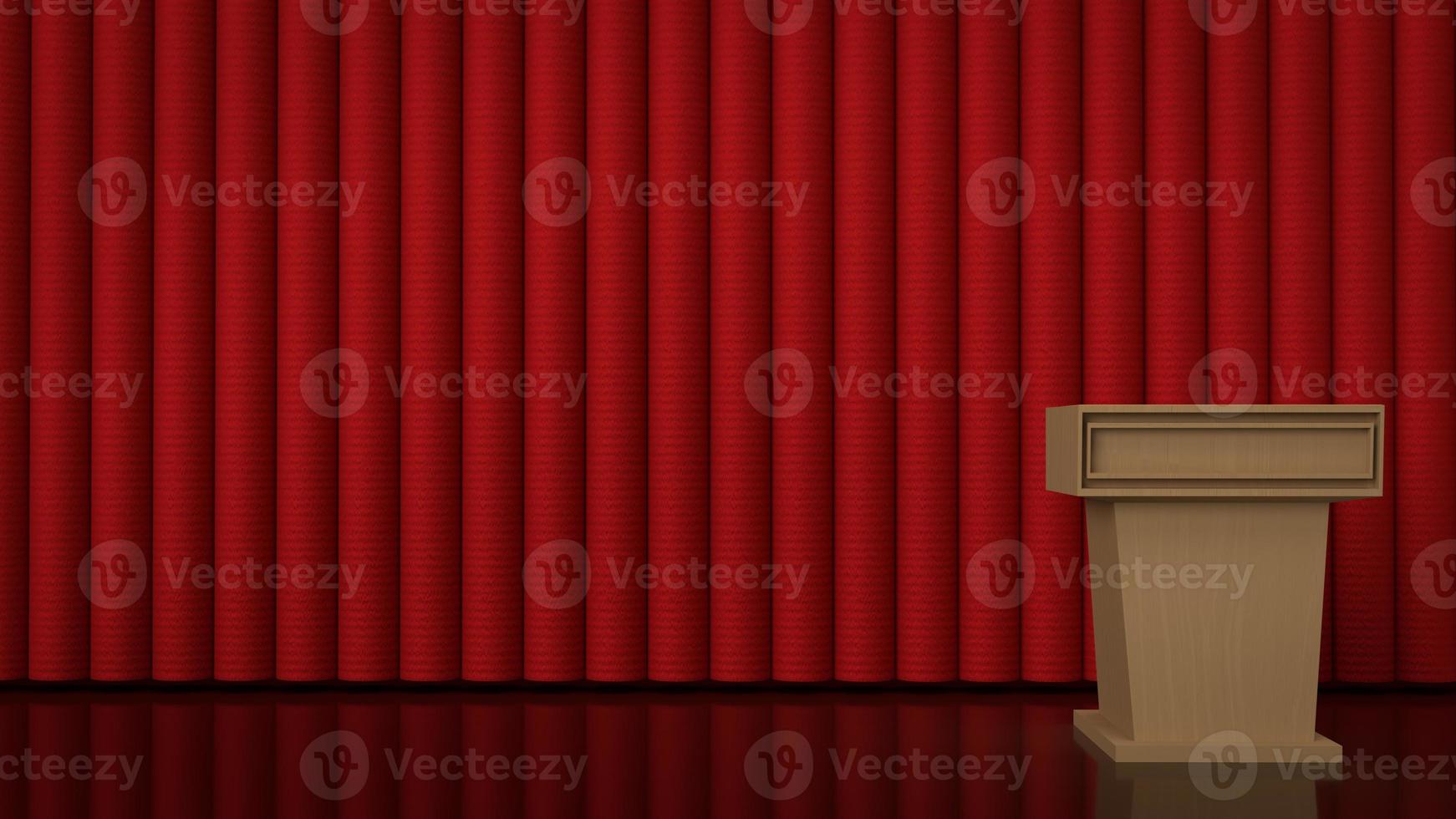 il legna podio e rosso tenda per sfondo 3d resa. foto