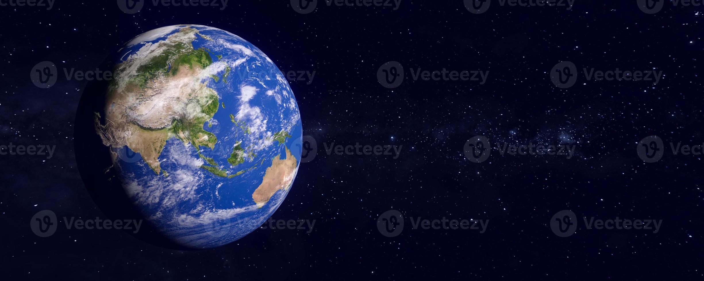 panoramico Visualizza di il terra e galassia. blu pianeta. il mondo globo a partire dal spazio. mostrando il continenti di Asia e Australia. 3d interpretazione illustrazione. elementi di Questo Immagine arredato di nasa. foto