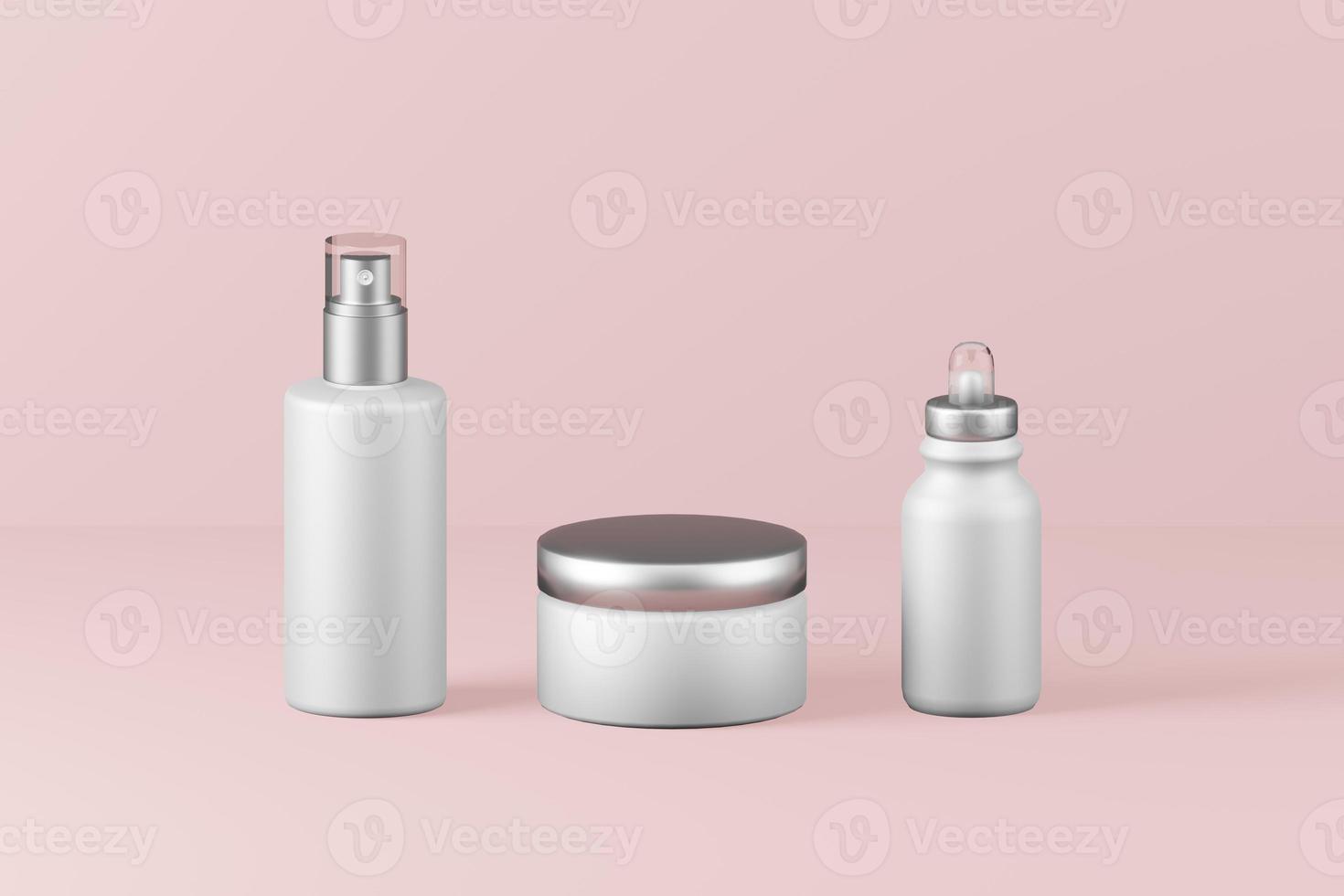 bianca spray bottiglia vaso e contagocce bellezza cosmetico su rosa sfondo vuoto modello 3d illustrazione con rosa sfondo foto