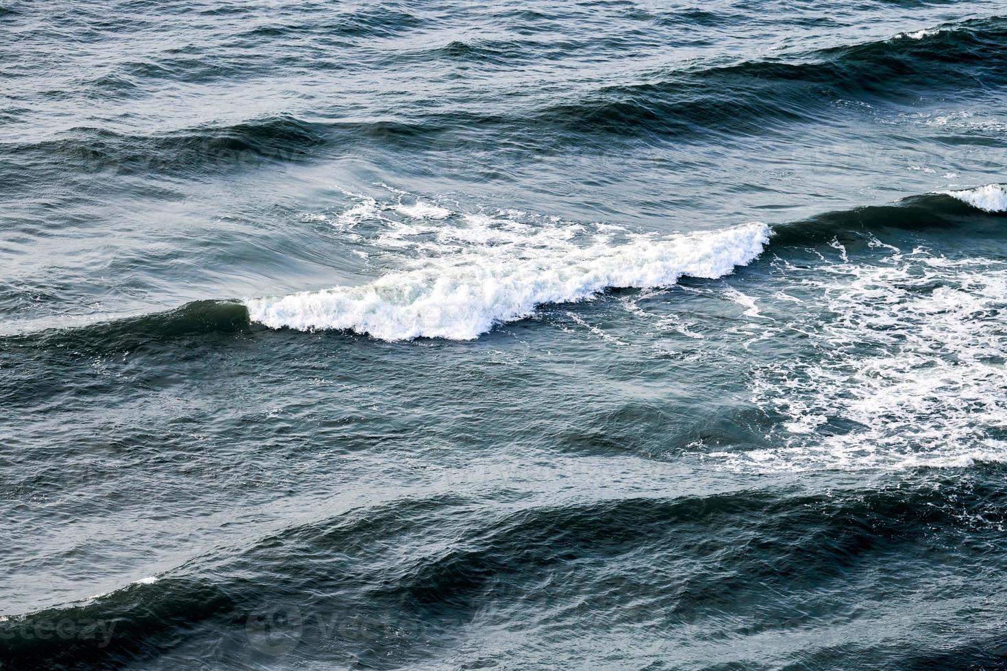 in profondità blu mare acque spruzzi con schiumoso onde, buio blu ondulato oceano acqua superficie, tempestoso mare foto