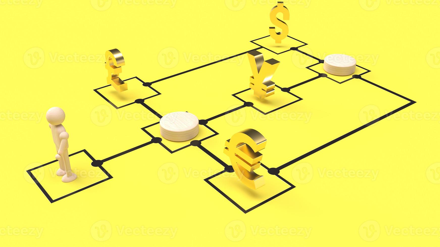 la figura di legno e il grafico del simbolo del denaro per il rendering 3d di concetto di business foto