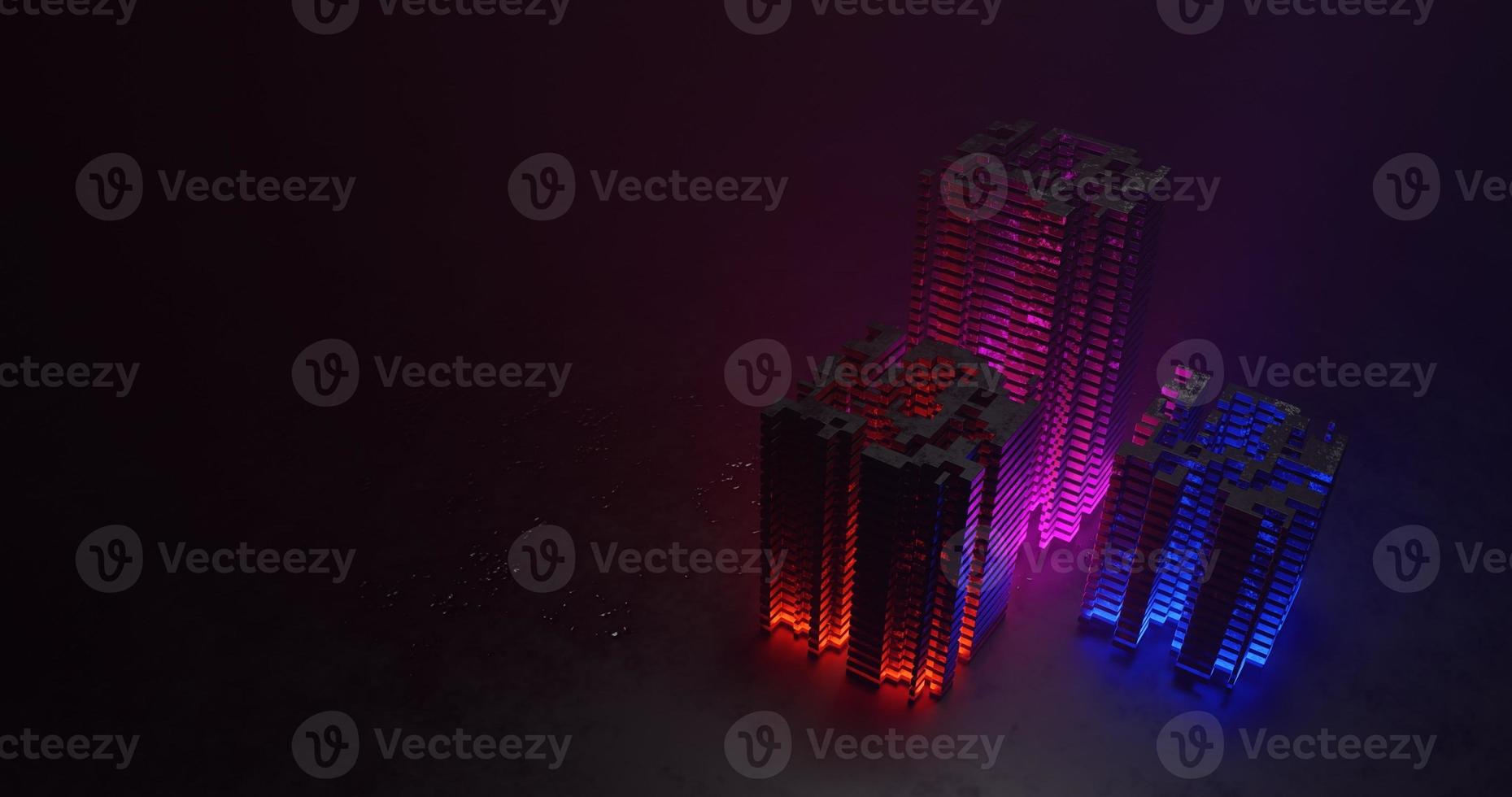 astratto sfondo utilizzando geometrico forme disposte piace tre edifici con neon colori, vale a dire rosso, viola, e blu. Là è gratuito spazio su il sinistra, 3d rendering, e 4k dimensione foto