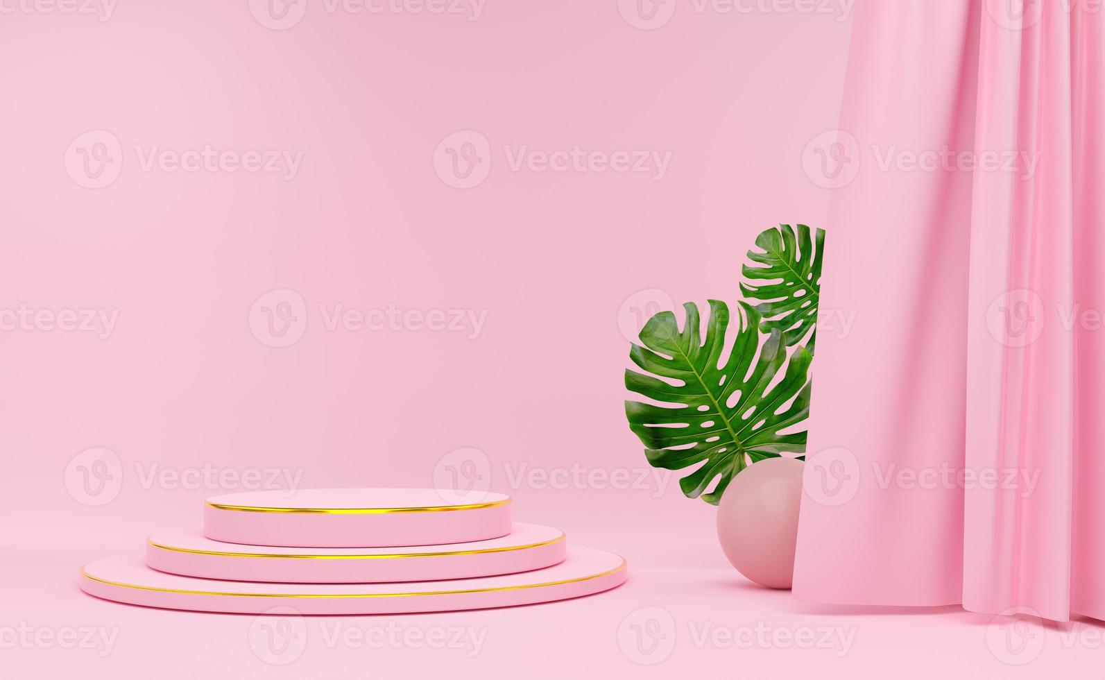 podio vuoto con geometrico forme e tenda nel rosa pastello composizione per moderno palcoscenico Schermo e minimalista modello ,astratto vetrina sfondo ,concetto 3d illustrazione o 3d rendere foto