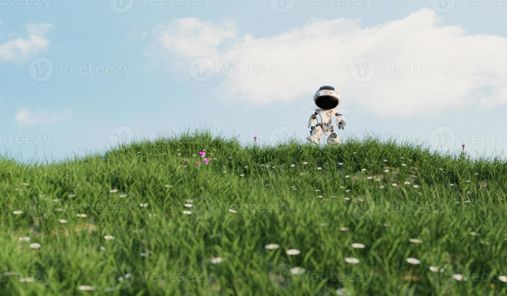 piccolo Bot a piedi nel erba campo, amichevole tecnologia e ambiente concetto foto