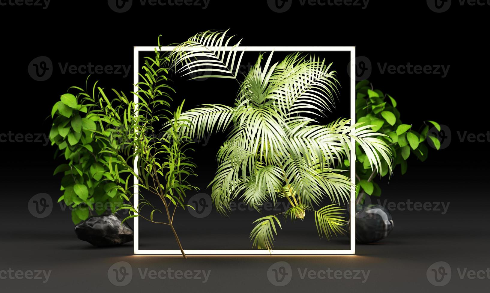 luminosa guidato illuminazione splendore a partire dal geometrico forme, neon cyberpunk sfondo con tropicale le foglie 3d interpretazione foto